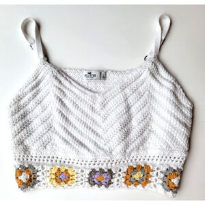 HOLLISTER Floral Crochet Knitted White Lined Crop Tank Top Size L